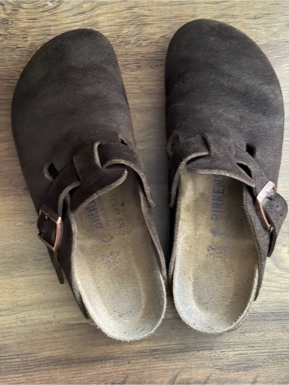 Birkenstock Dark Brown Suede Boston Clogs with Buckle